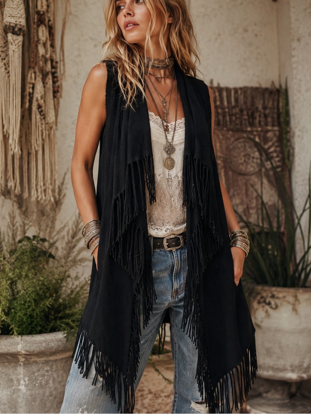 🖤 LanaLee Black Fringe Waterfall Long Vest – Size G/L (Large)